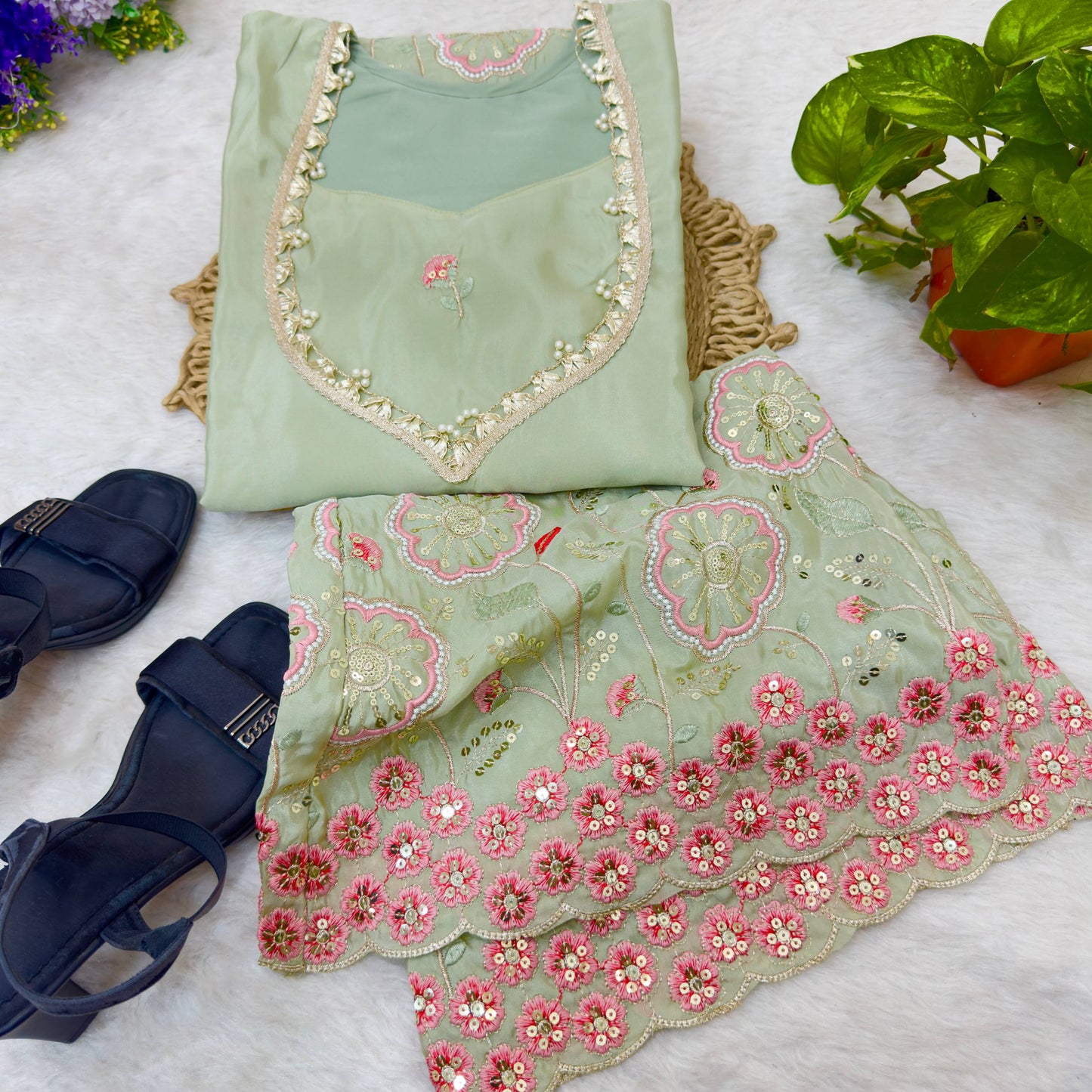 Sage Green Premium Silk Embroidered Co-Ord Set with Bell Sleeves & Bell Pant