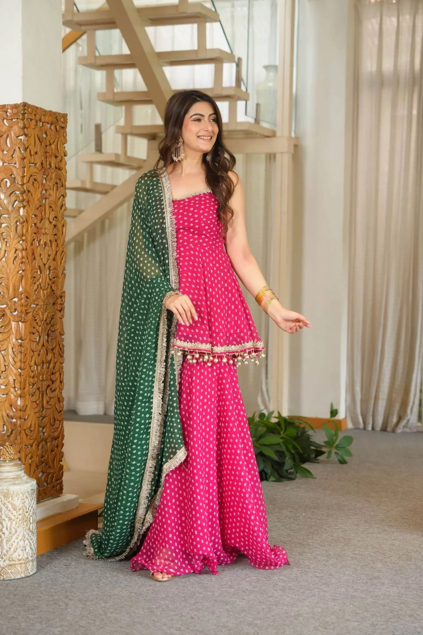 Rani Pink Georgette Sharara Set with Bandhani Foil Print & Ghungroo
