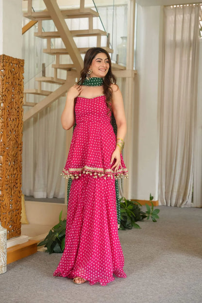 Rani Pink Georgette Sharara Set with Bandhani Foil Print & Ghungroo