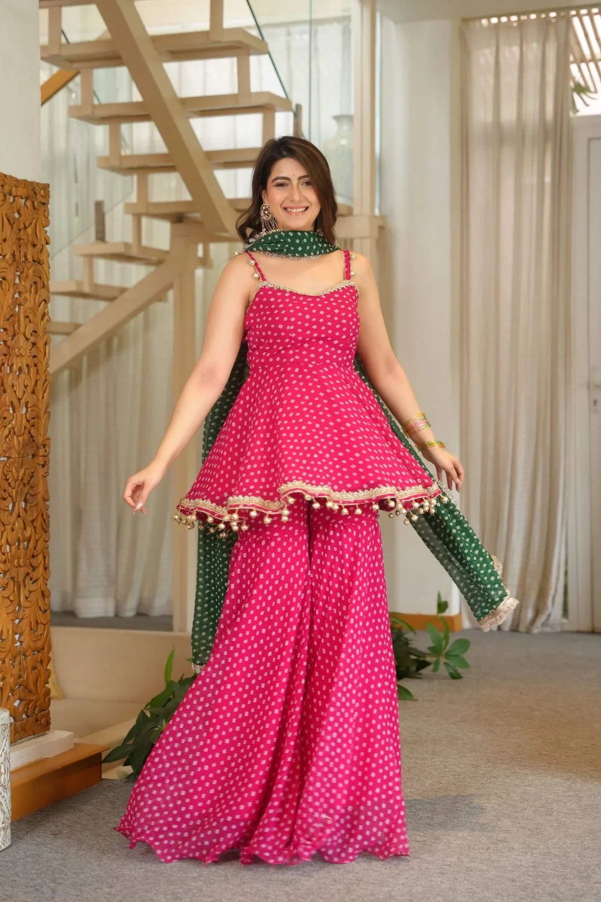 Rani Pink Georgette Sharara Set with Bandhani Foil Print & Ghungroo