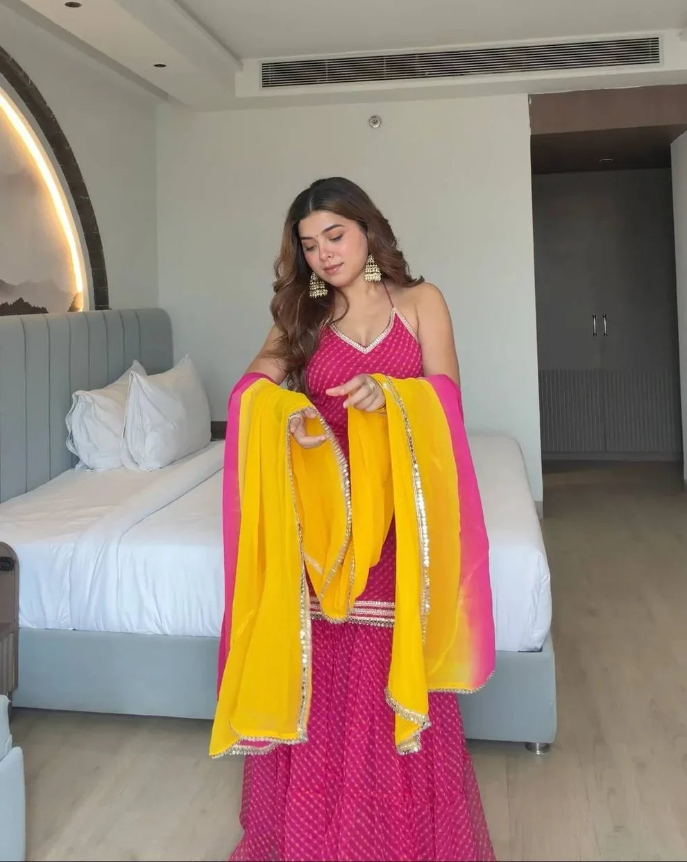 Pink Yellow Digital Print Sharara Suit