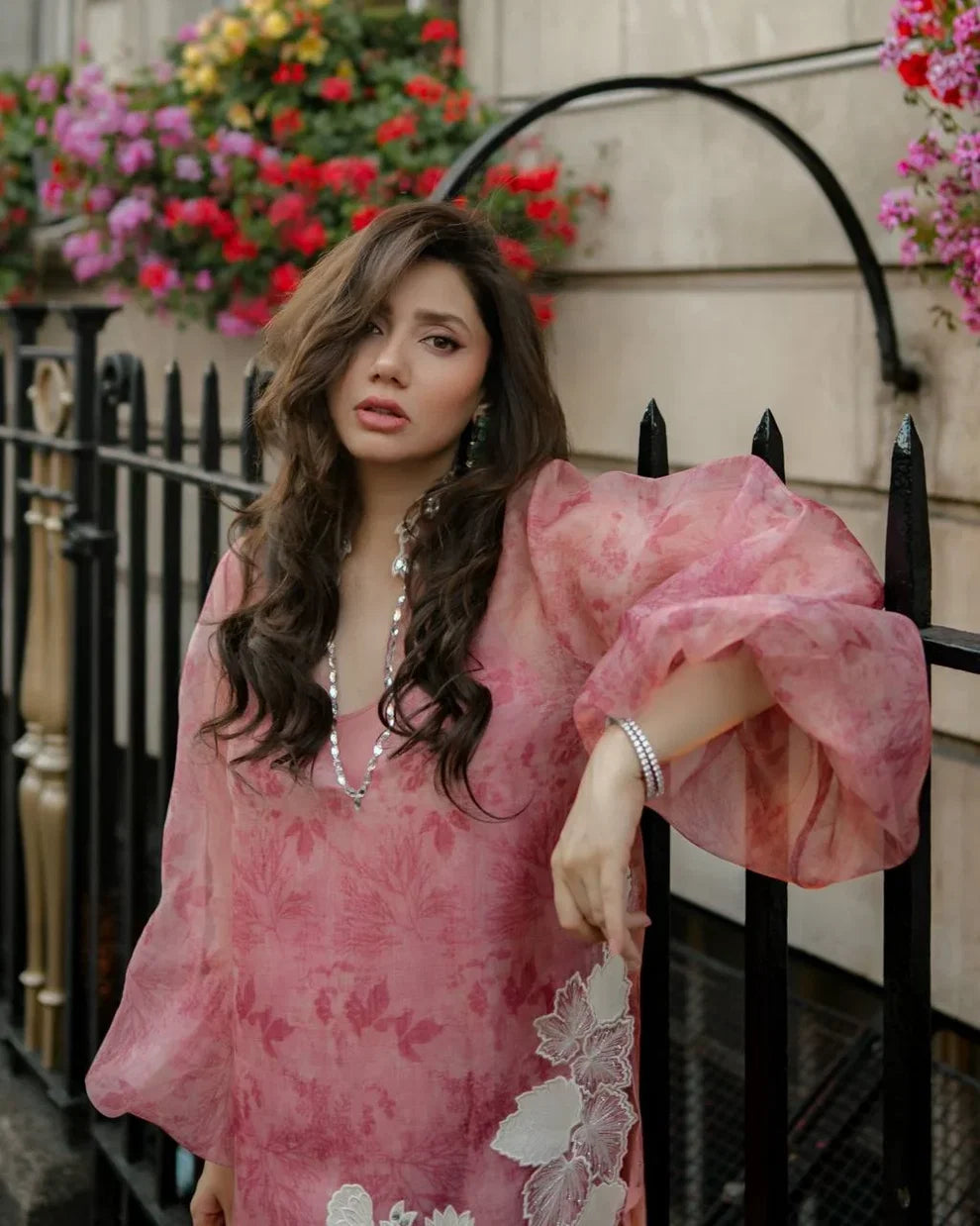 Pink Organza Digital Printed Shrug with Real Mirror & Cutwork, Pant Set