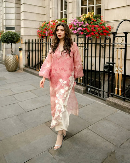 Pink Organza Digital Printed Shrug with Real Mirror & Cutwork, Pant Set