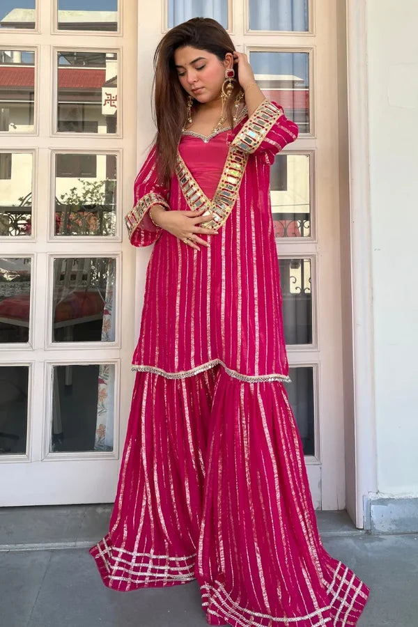 Rani Pink Gold Zari Sharara Set with Real Mirror Work