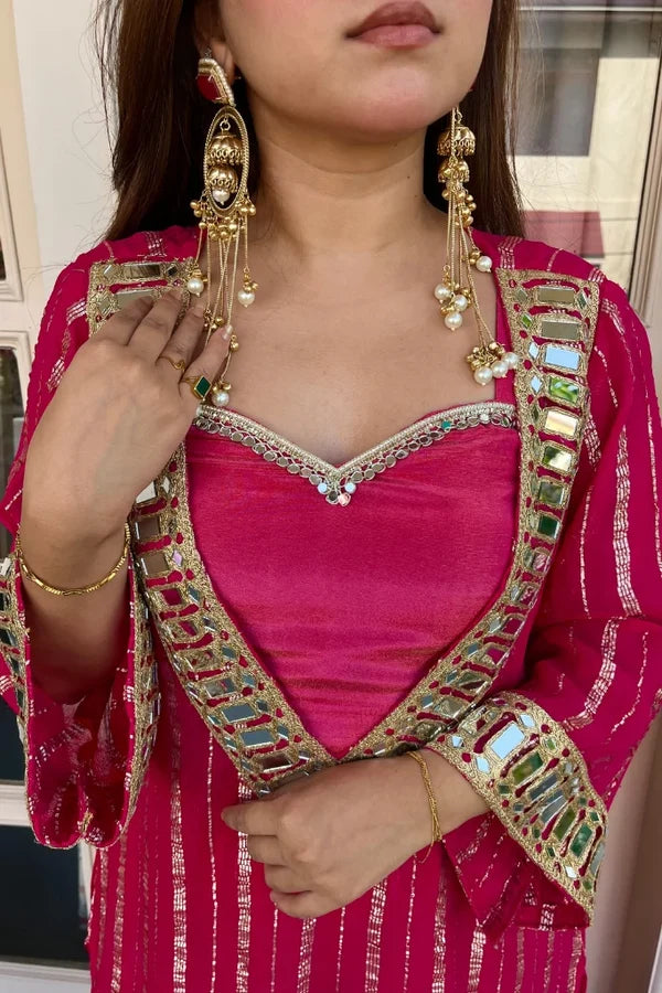 Rani Pink Gold Zari Sharara Set with Real Mirror Work