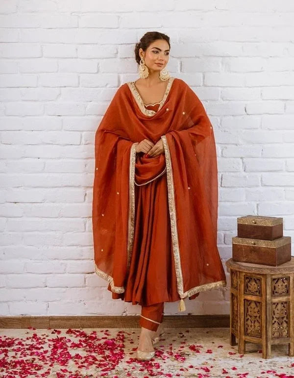 Vichitra Silk Anarkali Gown Set with Beaded Neckline & Dupatta