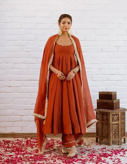 Vichitra Silk Anarkali Gown Set with Beaded Neckline & Dupatta