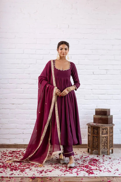 Vichitra Silk Anarkali Gown Set with Beaded Neckline & Dupatta