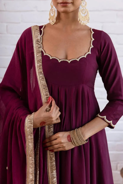 Vichitra Silk Anarkali Gown Set with Beaded Neckline & Dupatta
